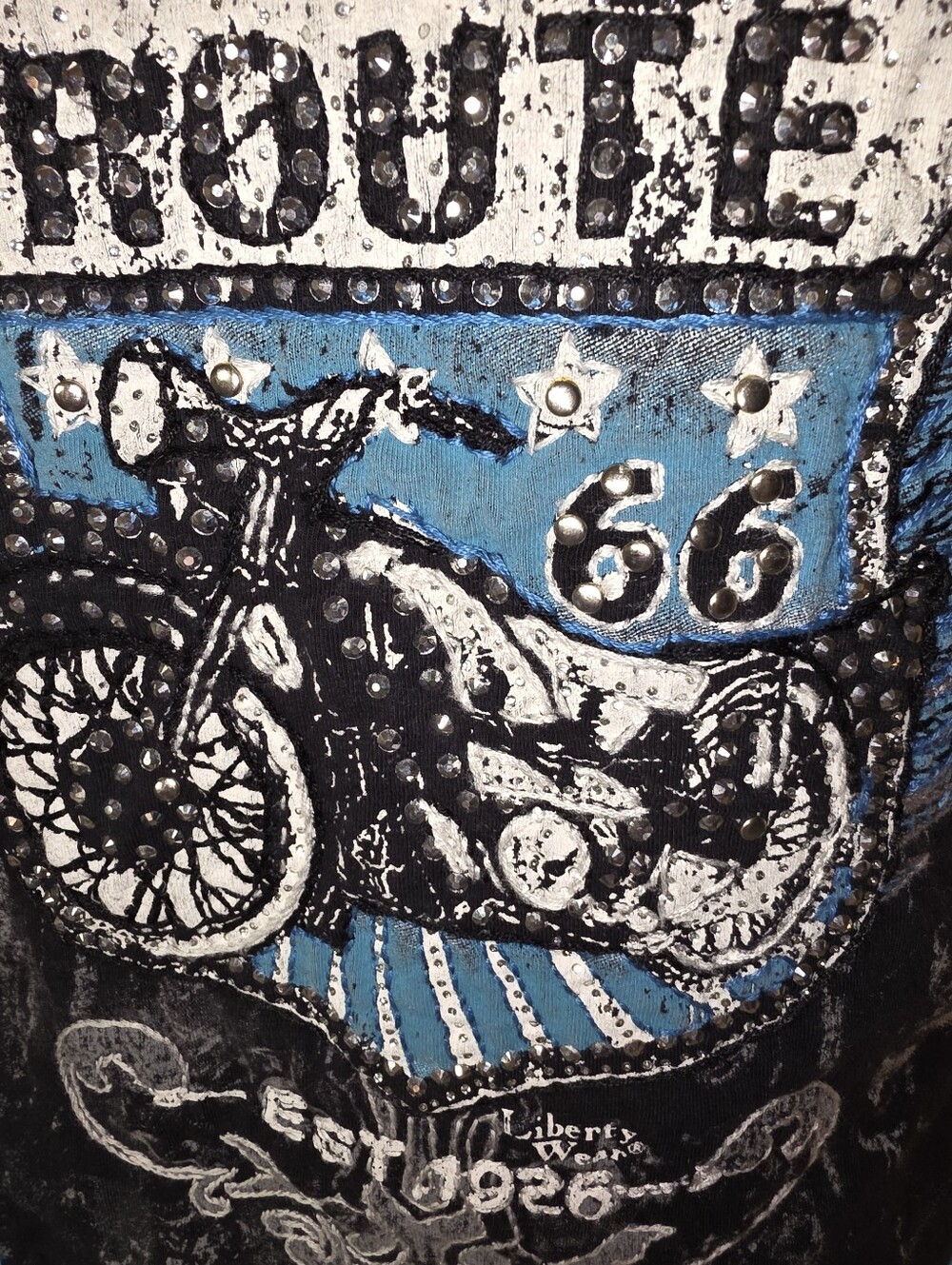 HAND CRAFTED Jean Jacket UPCYCLED Blue Jean Jacket Black Graphic Tee Size 18 - Picture 4 of 13